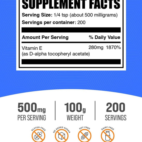 Vitamina E Em Pó Bulksupplements 400 Ui - 100 G Sem Glúten - Imagem 5