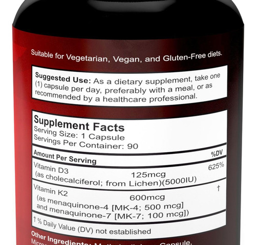 Suplemento Divine Bounty K2 E D3 - 90 Cápsulas Veganas - Imagem 4