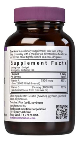 Vitaminas A E D3 Bluebonnet De Óleo De Peixe 100 Cápsulas Ge