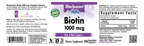 Suplemento Bluebonnet Nutrition Biotina 1000mcg 90 Cápsulas - Imagem 2