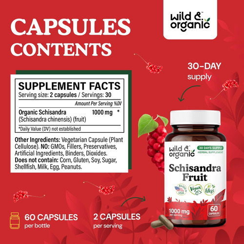 Cápsulas De Schisandra Orgânica Selvagem E Orgânica 1000 Mg - Imagem 5