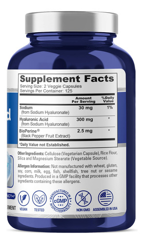 Suplemento De Ácido Hialurônico Nusapure 300 Mg 250 Cápsulas - Imagem 2