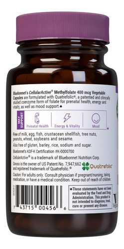 Bluebonnet Metilfolato 400 Mcg Vegano E Sem Glúten, 60 - Imagem 3