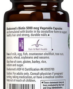 Bluebonnet Biotina 5000 Mcg Para Cabelo E Unhas, 60 Cápsulas