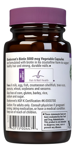 Bluebonnet Biotina 5000 Mcg Para Cabelo E Unhas, 60 Cápsulas