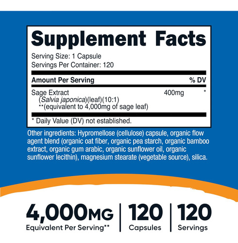 Extrato De Sálvia Nutricost Nutricost 120 Cápsulas Veganas - Imagem 3