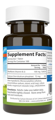 Carlson B-2 Riboflavina 100 Mg, 100 Comprimidos Vegetais - Imagem 4