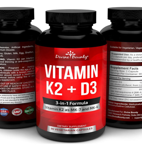 Suplemento Divine Bounty K2 E D3 - 90 Cápsulas Veganas - Imagem 3