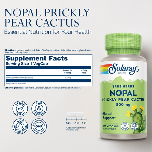 Suplemento Solaray Nopal Prickly Pear Cactus 500mg 100% Vega - Imagem 2