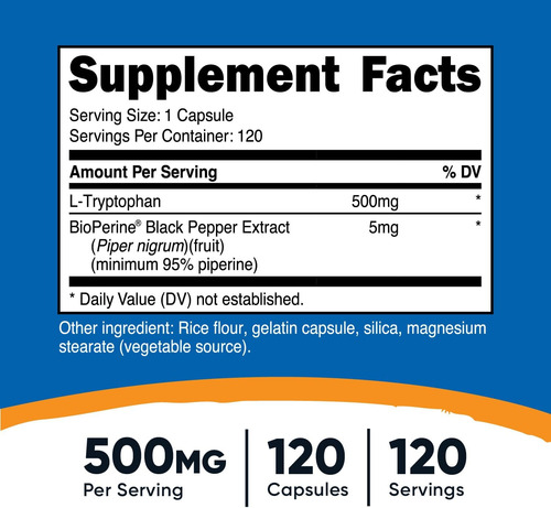 Nutricost L-triptofano 500 Mg, 120 Cápsulas - Com Bioperine, - Imagem 2