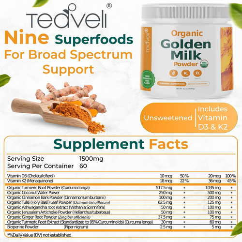 Leite Em Pó Dourado Orgânico Com Vitaminas D3 E K2, Cúrcuma, - Imagem 12