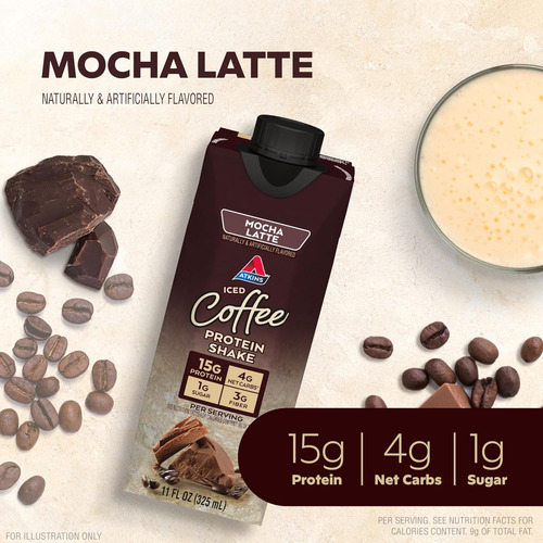 Atkins Mocha Latte Iced Coffee Protein Shake, 15g Proteína, - Imagem 2