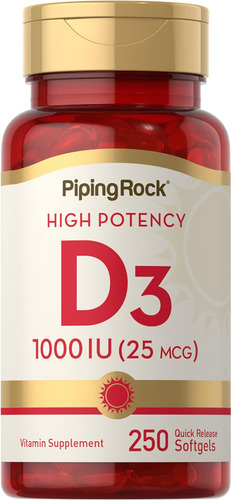 Piping Rock Vitamina D3 | 1000 Ui | 250 Cápsulas Gelatinosas