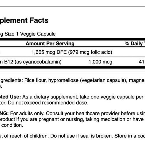 Swanson Ácido Fólico E Vitamina B-12 30 Cápsulas Veganas - Imagem 2