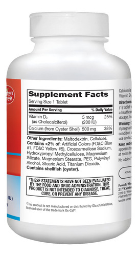 Suplemento De Cálcio 21st Century Calcium 500mg + D3 400 Tab - Imagem 4
