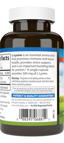 Carlson Labs L-lisina, 500mg, 100 Cápsulas - Imagem 3