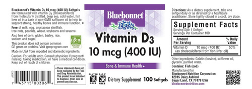 Bluebonnet Nutrition Vitamina D3 400 Ui Softgels, Auxilia No - Imagem 2