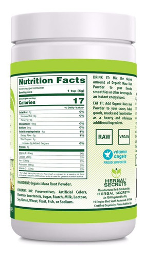Suplemento Herbal Secrets Maca Root Powder 473ml Usda Organi - Imagem 2
