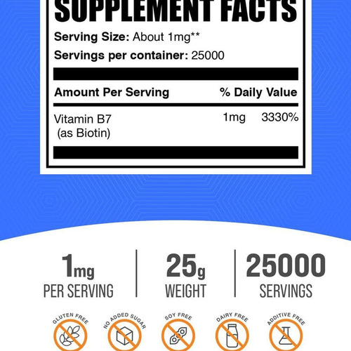 Biotina Em Pó Pura Bulksupplements 1mg - 25g Sem Glúten - Imagem 3