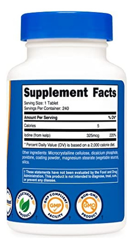 Comprimidos Nutricost Kelp, 325 Mcg De Iodo, 240 Comprimido - Imagem 3