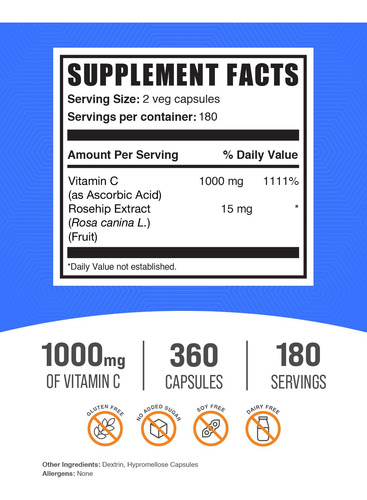 Suplemento Bulksupplements.com Vitamina C 1000 Mg Com Rosa M - Imagem 2