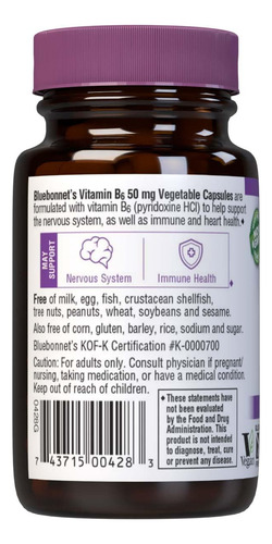 Suplemento Bluebonnet Vitamina B6 50mg 90 Cápsulas - Imagem 7