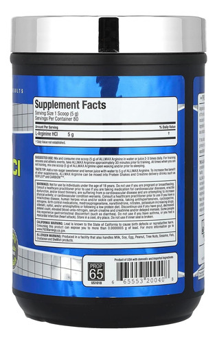 Allmax Essentials Arginina Hcl 400g - Suplemento Pré-treino - Imagem 2