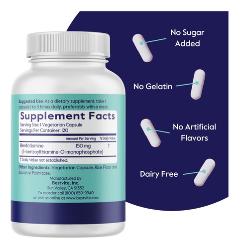 Suplemento Bestvite Benfotiamina 150 Mg 120 Cápsulas - Imagem 3