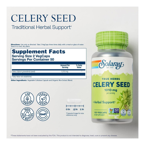 Semente De Aipo Solaray, 505 Mg, 100 Cápsulas Vegetarianas - Imagem 3