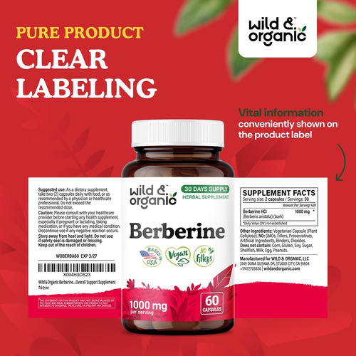Suplemento De Berberina Orgânica Wild & Organic 1000 Mg - 60 - Imagem 3