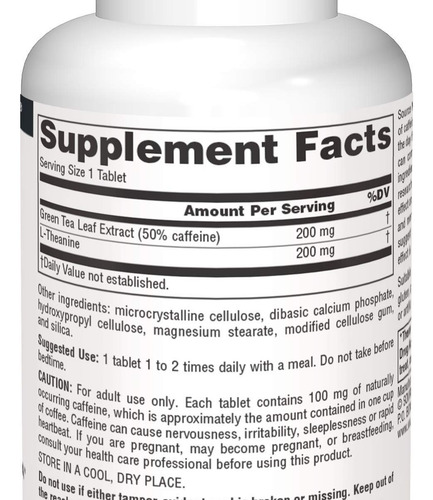 Source Naturals Cafeína + L-teanina, 60 Comprimidos - Imagem 3