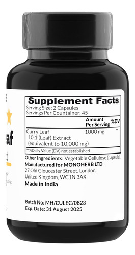 Extrato De Folha De Curry Monoherb 1000 Mg - 90 Cápsulas - Imagem 2