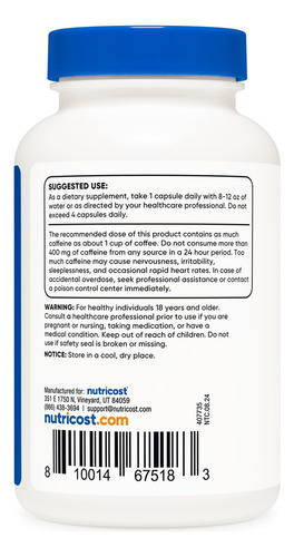 Pílulas De Cafeína De Nutricost 100mg Por Porção, 250 Cápsul - Imagem 4