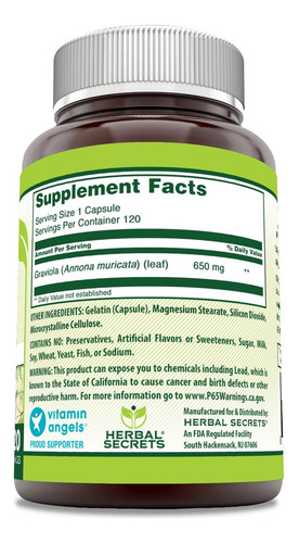 Herbal Secrets Graviola 650 Mg 120 Cápsulas Vegetais - Imagem 3