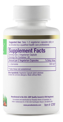 Suplemento Paradise Herbs L-carnosina 60 Cápsulas Vegetarian - Imagem 2