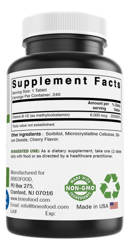 Suplemento Brieofood Vitamina B-12 6000mcg 240 Comprimidos - Imagem 4