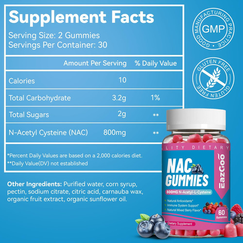 Eazgoo Nac Gummies 800mg, Suplemento De N-acetil Cisteína, S - Imagem 10