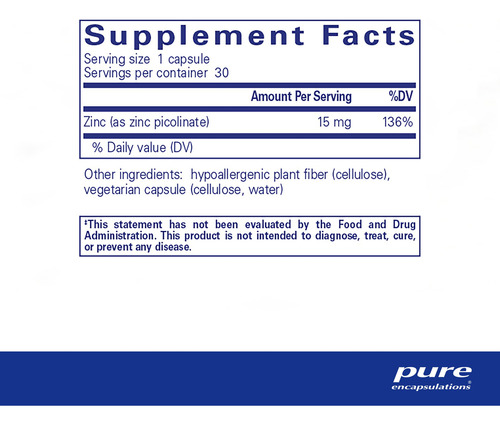 Suplemento De Encapsulamentos Puros De Zinco 15 Mg Com 30 Cá - Imagem 2