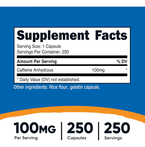 Pílulas De Cafeína De Nutricost 100mg Por Porção, 250 Cápsul - Imagem 2