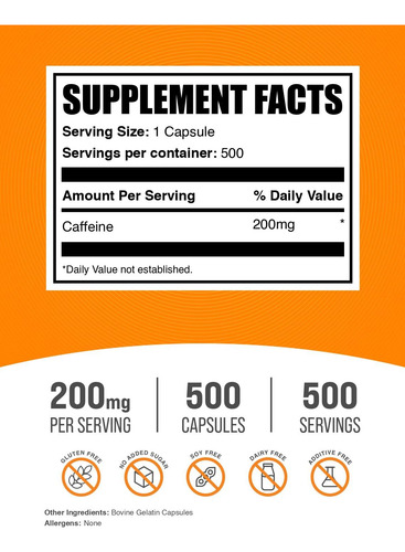 Suplemento Bulksupplements.com Cafeína 200 Mg Cápsulas 500 C - Imagem 2