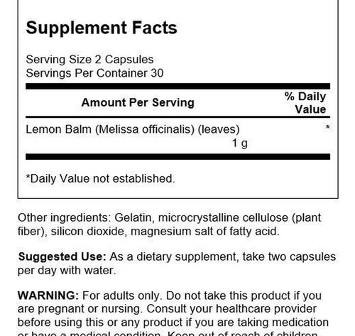 Swanson Melissa 500 Mg - 60 Cápsulas Relaxantes - Imagem 2