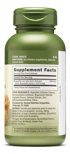 Suplemento Gnc Herbal Plus Boswellia Extract 450 Mg 100 Tabl - Imagem 2