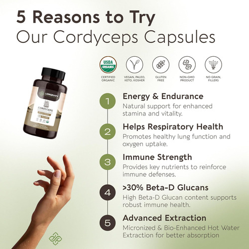 Cápsulas De Cogumelo Cordyceps Orgânico Longevity Botanicals - Imagem 12