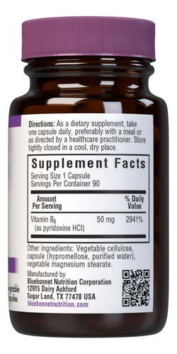 Suplemento Bluebonnet Vitamina B6 50mg 90 Cápsulas - Imagem 6