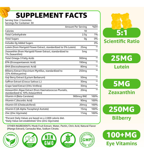 Suplementos Gomas De Luteína Sem Açúcar Flyrocer 25 Mg 60 Un - Imagem 2