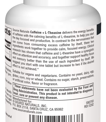 Source Naturals Cafeína + L-teanina, 60 Comprimidos - Imagem 2