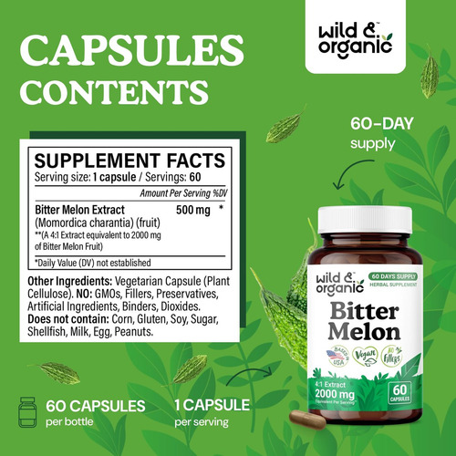Cápsulas De Melão Amargo Selvagem E Orgânico 500 Mg Vegano - Imagem 7
