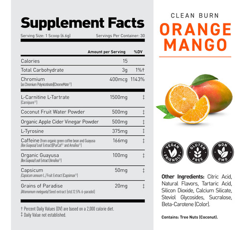 Suplemento Kaged Thermogenic Clean Burn Orange Mango 30 Serv - Imagem 3