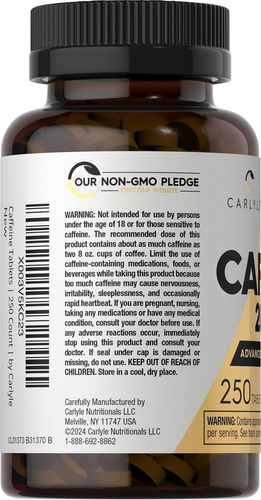 Pílulas De Cafeína Carlyle 200mg | 250 Comprimidos | Fórmula - Imagem 3