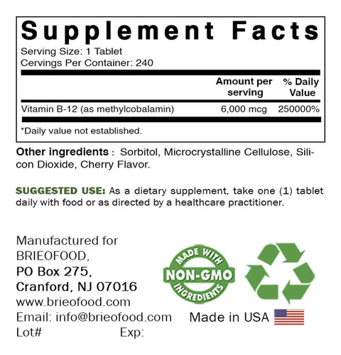 Suplemento Brieofood Vitamina B-12 6000mcg 240 Comprimidos - Imagem 2